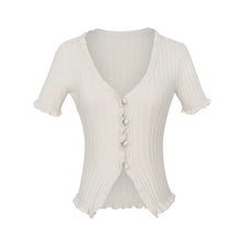 Women Harajuku Knitted Short Ruffles Sleeve Shirt Crop Top Unif Sexy Street Wear White Femme Short Sleeve funny T Shirt Summer