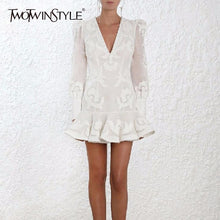 TWOTWINSTYLE Women's Mermaid Dress For Women Embroidery Print V Neck Backless Lantern Sleeve Mini Dresses Female 2018 Spring New
