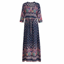 Floral Print Women Long Dress Summer Sexy V-neck Button Floor Length Dress Boho Club Party Casual Elegant Maxi Dresses DLD1046
