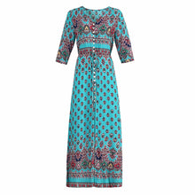 Floral Print Women Long Dress Summer Sexy V-neck Button Floor Length Dress Boho Club Party Casual Elegant Maxi Dresses DLD1046