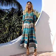 Floral Print Women Long Dress Summer Sexy V-neck Button Floor Length Dress Boho Club Party Casual Elegant Maxi Dresses DLD1046