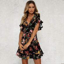 Summer Dress 2018 Women Sexy Deep V-Neck Black Flower Print Dresses Hem Folds Bohemian Style Belt Mini Ruffle  Beach Dress