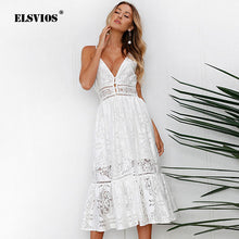 ELSVIOS Fashion Strap Backless Women Dress 2018 Summer Sexy V Neck button Lace Dresses Casual White Beach Dress Female Vestidos