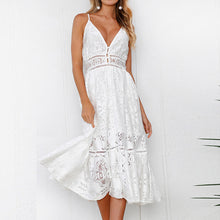 ELSVIOS Fashion Strap Backless Women Dress 2018 Summer Sexy V Neck button Lace Dresses Casual White Beach Dress Female Vestidos
